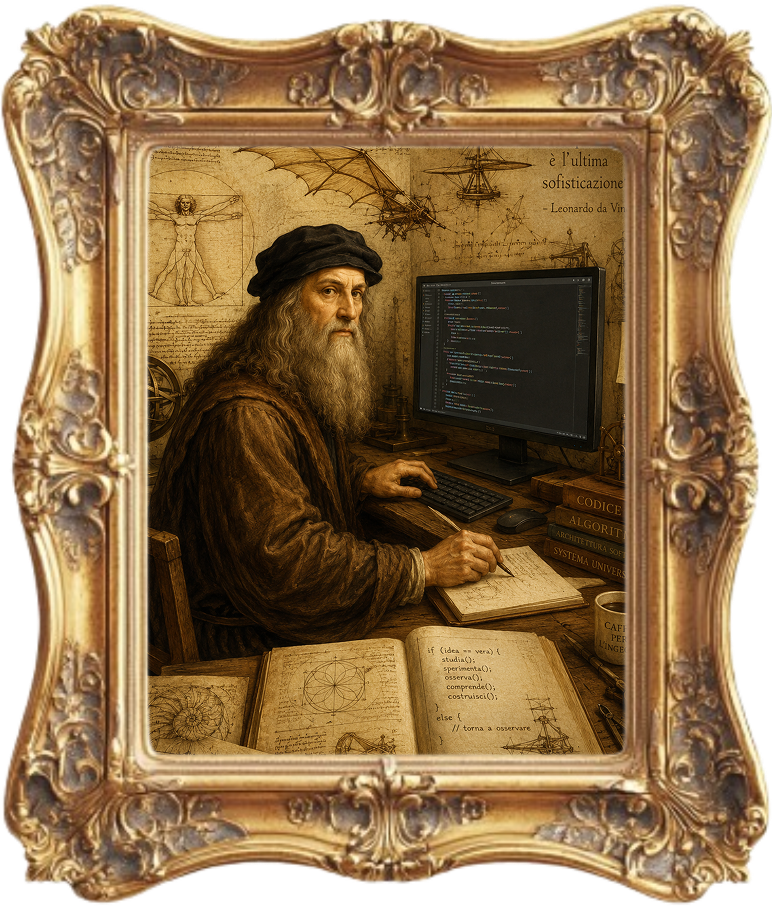 Leonardo da Vinci al lavoro davanti a un computer, circondato dai suoi studi, in una cornice dorata